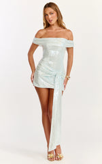 Myra Mini Dress - Off Shoulder Draped Sequin Dress in Soft Blue