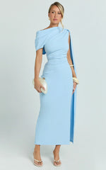 Visenta Midi Dress - Asymmetrical Sleeve Dress in Blue