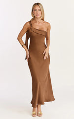 Calix Midi Dress - One Shoulder Slip Dress in Chocolate