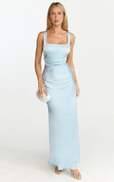 Rumi Midi Dress - Rushed Bodiest Satin Dress in Pale Blue