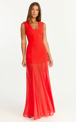 Frances Maxi Dress - Contrast U Neck Godet A Line Dress in Red