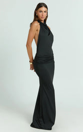 Lizzy Maxi Dress - Backless Ruched Bodycon Dress in Black