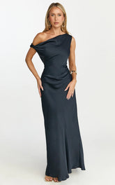 Lira Midi Dress - One Shoulder Satin Dress in Navy