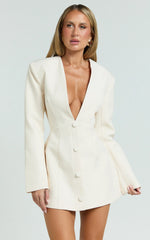 Ninette Mini Dress - V Neck Tulip Hem Blazer Dress in Cream