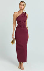 Karlie Midi Dress - One Shoulder Fitted Dress in Wine