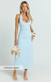 Murray Midi Dress - Deep U Halter Neck Dress in Pale Blue