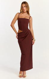 Jonas Maxi Dress - Strapless Corset Bodice Draped Waist Skirt Dress in Chocolate