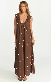 Simone Maxi Dress - U Halter Neck Linen Polkadot Dress in Chocolate
