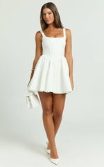 Aimee Mini Dress - Scoop Neck Corset Gathered Dress in White