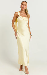 Calix Midi Dress - One Shoulder Slip Dress in Butter