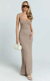 Odette Maxi Dress - Scoop Neck A Line Dress in Mocha