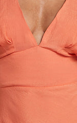 Desiree Midi Dress - V Neck Flutter Short Sleeve Slip Dress in Orange