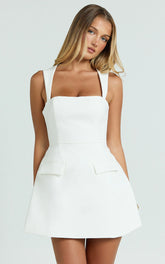 Garrett Mini Dress - Square Neck Fit And Flare Dress in White