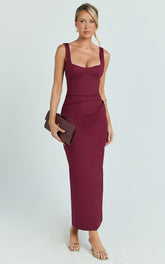 Benita Midi Dress - Scoop Neck Ruched Fitted Dress in Wine