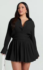 Valerie Mini Dress - Collared Long Sleeve Waist Shirt Dress in Black