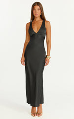 Khalani Midi Dress - Deep V Neck Satin Slip Dress in Black