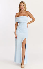 Opal Maxi Dress - Off Shoulder Gathered Bodice Fit And Flare Dress in Blue