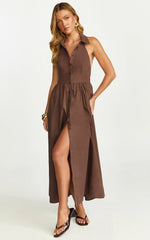 Ruby Midi Dress - Collared Button Down Gathered Waist Skirt Fit And Flare Dress in Dark Chocolate