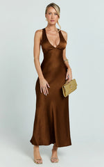 Khalani Midi Dress - Deep V Neck Satin Slip Dress in Chocolate