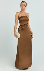 Laurie Maxi Dress - Strapless Draped Satin Dress in Chocolate