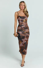 Rosalez Midi Dress - Strappy Ruched Bodycon Dress in Ember Floral