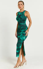 Loralie Midi Dress - Mesh High Neck Bodycon Dress in Green Floral Print