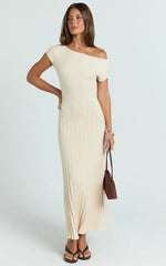Jadey Midi Dress - Cap Sleeve Pleated Dress in Bone