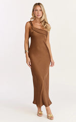 Calix Midi Dress - One Shoulder Slip Dress in Chocolate