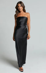 Charlita Maxi Dress - Strapless Cowl Back Satin Dress in Black