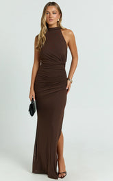 Francis Maxi Dress - Halter Ruched Backless Dress in Dark Chocolate