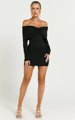 Rani Mini Dress - Off Shoulder Long Sleeve Bodycon Dress in Black