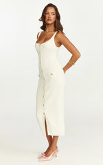 Gabby Midi Dress - Sweetheart Strapped Hardware Button Front Fitted Contrast Trim Knit Dress in Plain White