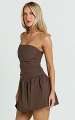 Donatella Mini Dress - Strapless Drop Waist Dress in Chocolate