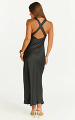 Khalani Midi Dress - Deep V Neck Satin Slip Dress in Black