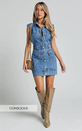 Jasse Mini Dress - Hardware Button Through Denim Dress in Mid Blue Wash