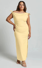 Cincinnati Midi Dress - Off The Shoulder Side Split Column Linen Dress in Lemon