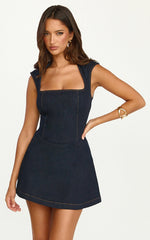 Heather Mini Dress - Square Neck A Line Denim Mini Dress in Raw