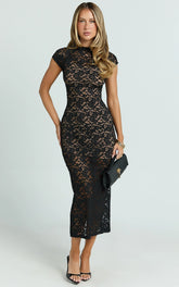 Emma Midi Dress - Lace Cap Sleeve Bodycon Dress in Black