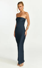 Zaya Midi Dress - Strapless Satin Slip Dress in Navy