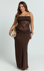 Rania Maxi Dress - Contrast Lace Bodice Bias Cowl Drop Waist Dress in Chocolate