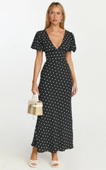 Elise Midi Dress - V Neck Puff Sleeve Dress in Black Polka