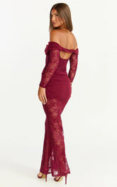 Juliet Maxi Dress - Off Shoulder Long Sleeve Ruched Overlay Lace Dress in Wine