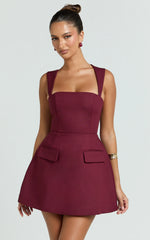 Garrett Mini Dress - Square Neck Fit And Flare Dress in Wine