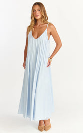 Estelle Maxi Dress - V Neck Pleated Dress in Blue