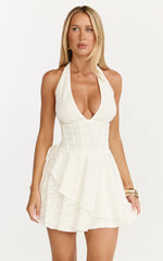 Lacey Mini Dress - Lace Corset Style Bodice Halter Dress in White