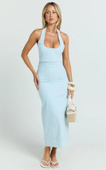 Murray Midi Dress - Deep U Halter Neck Dress in Pale Blue