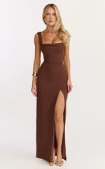 Donna Maxi Dress - Cowl Neck Column High Split Dress in Chocolate