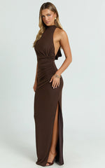 Francis Maxi Dress - Halter Ruched Backless Dress in Dark Chocolate