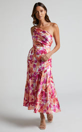 Alyssia Midi Dress - One Shoulder Ruched Satin Dress in Pink Floral