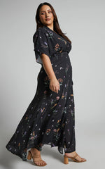 Erenza Maxi Dress - Extended Sleeve Wrap Dress in Black Flower Field
